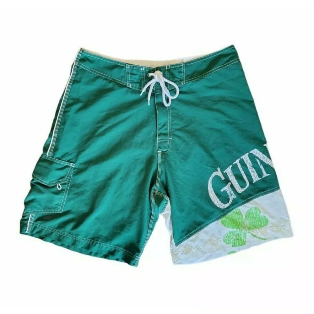 Guinness Beer Board Shorts Mens 34 Green Clover Retro Fade Shamrock Swim Trunks